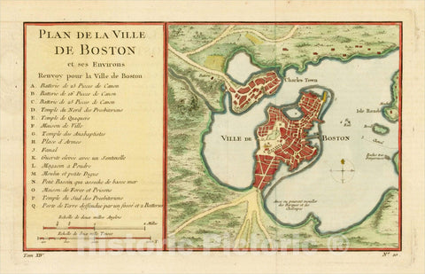 Historic Map : Plan De La Ville De Boston et ses Environs, 1764, Jacques Nicolas Bellin, v1, Vintage Wall Art