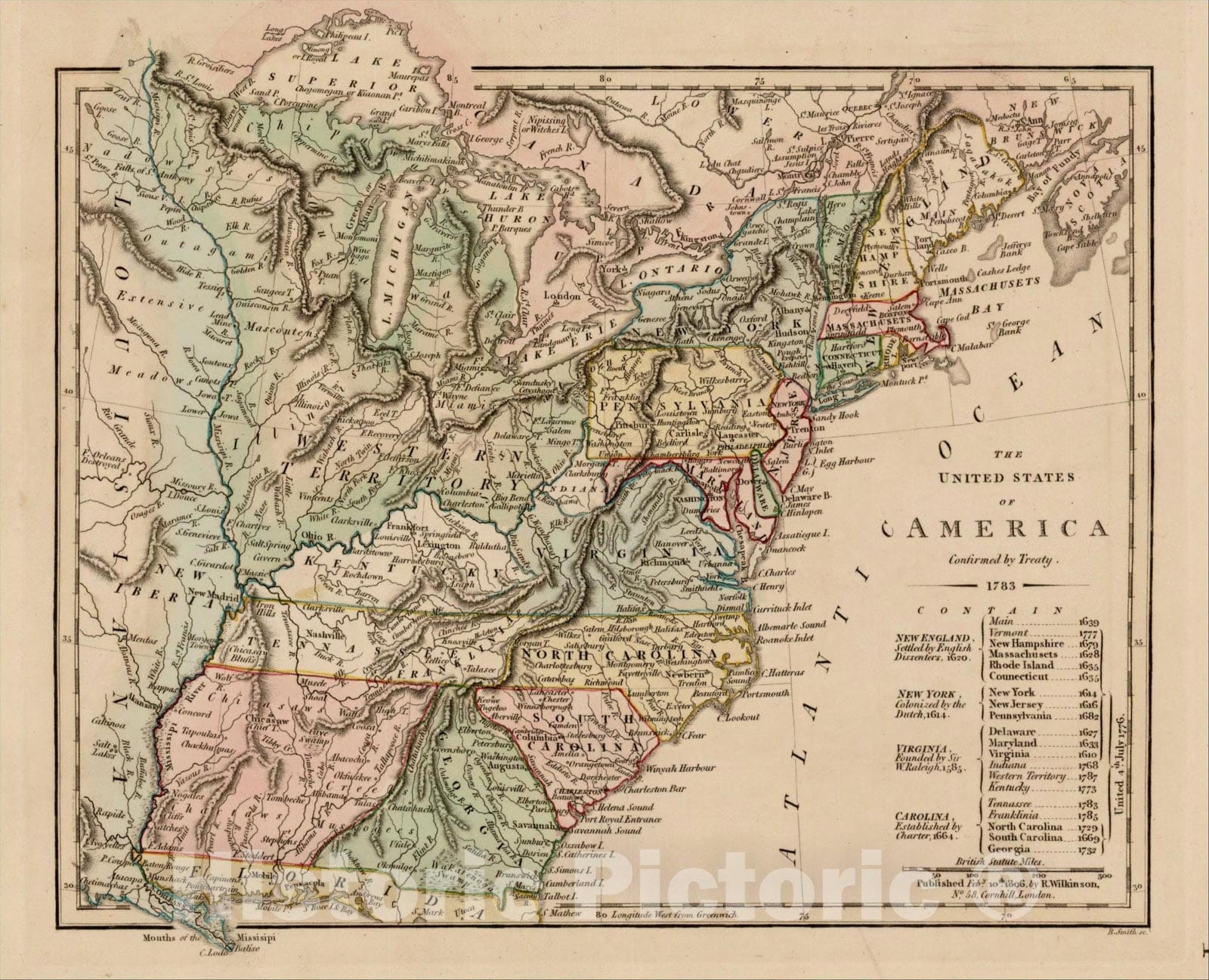 Historic Map : The United States of America Confirmed By Treaty 1783 [shows Franklinia], 1806, Robert Wilkinson, v1, Vintage Wall Art