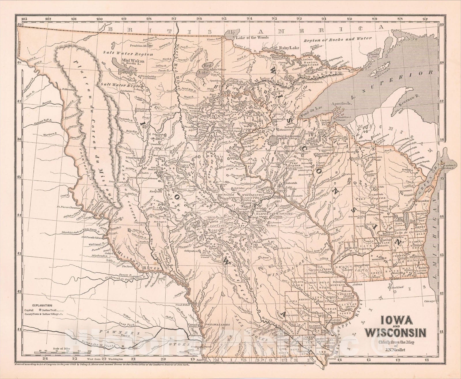 Historic Map : Iowa and Wisconsin Chiefly from the Map of J.N. Nicollet, 1844, Sidney Morse, v1, Vintage Wall Art