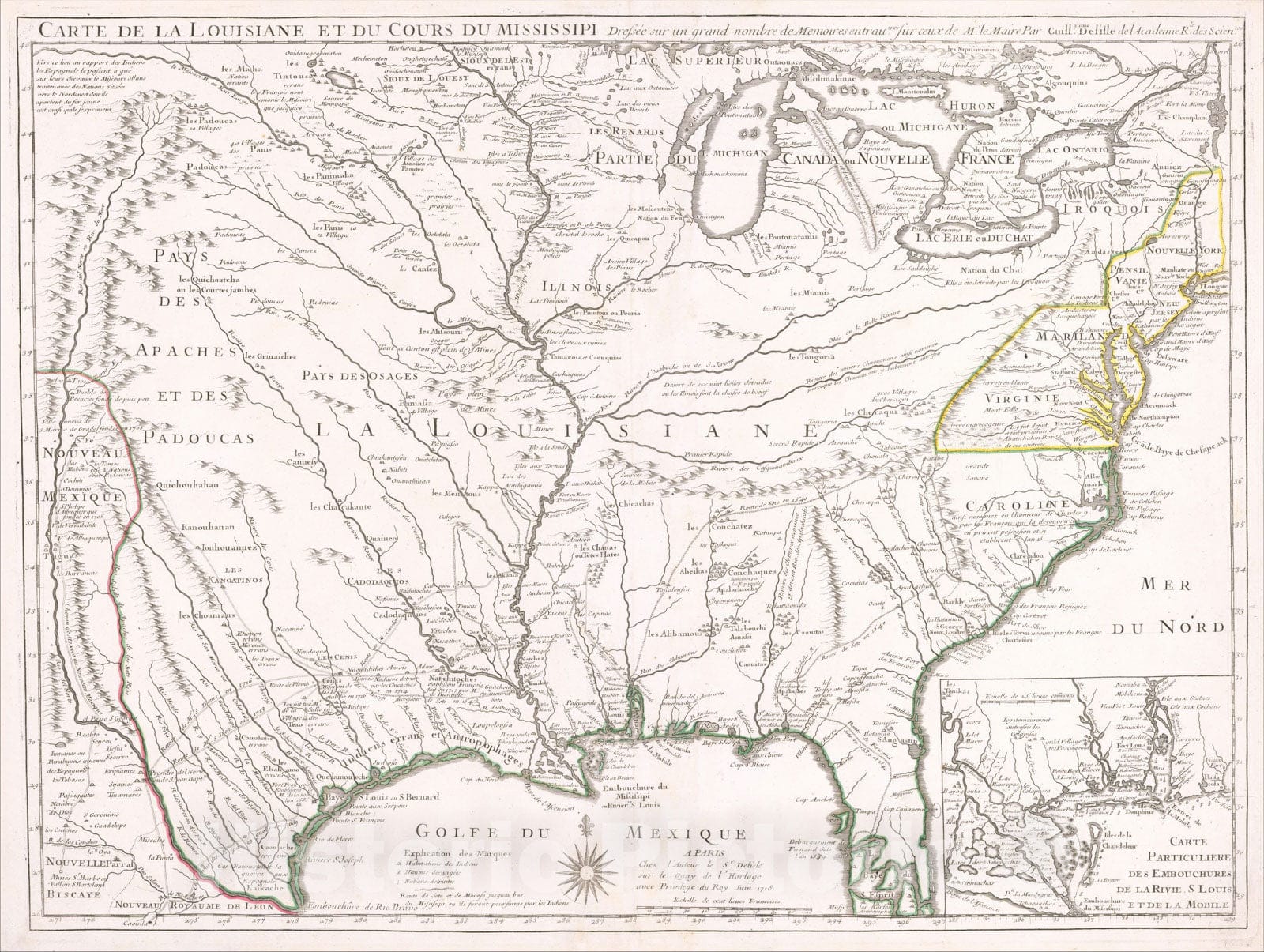Historic Map : Carte De La Louisiane Et Du Cours Du Mississipi, Juin 1718, 1718, Guillaume De L'Isle, v1, Vintage Wall Art