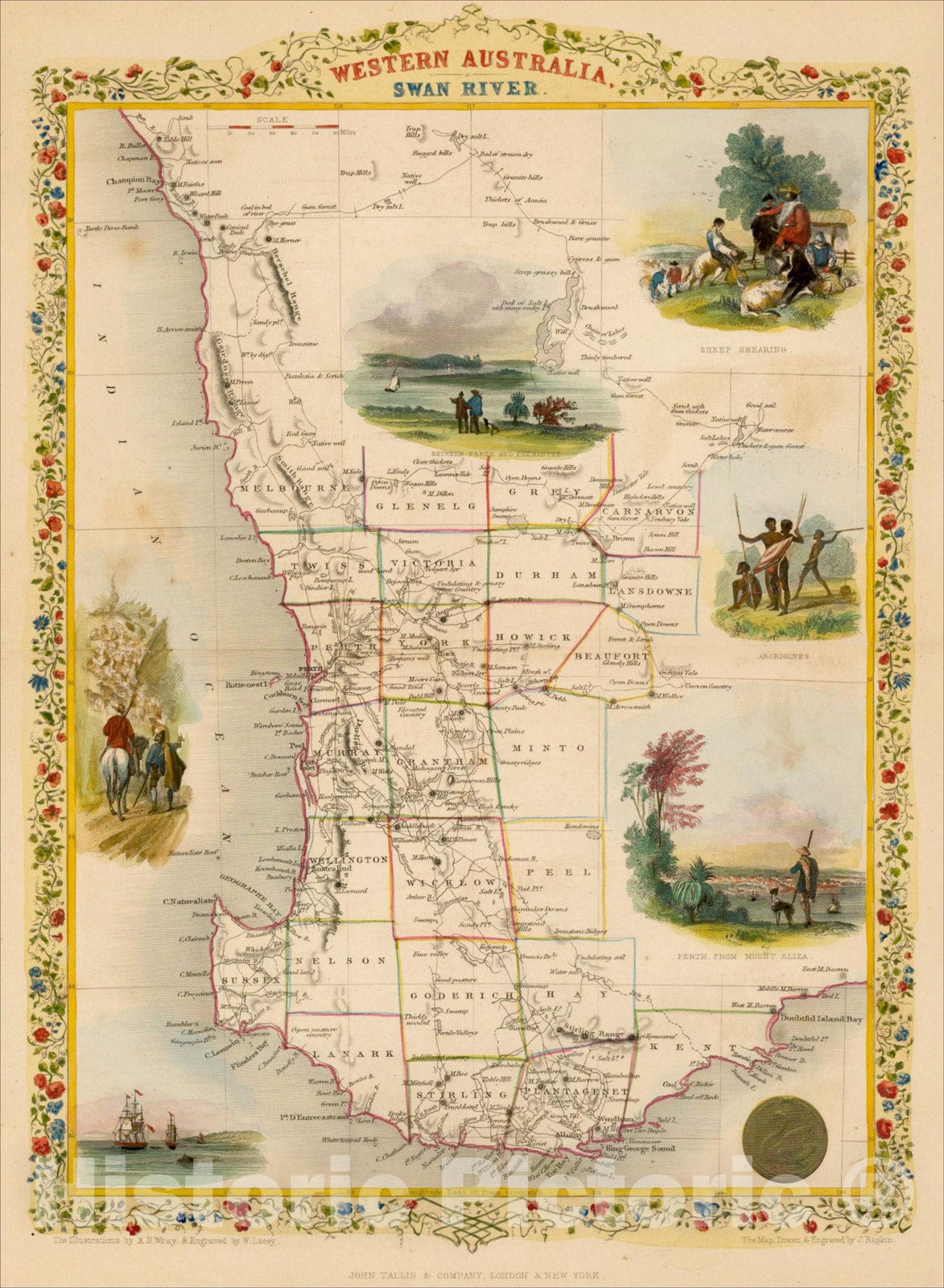 Historic Map : Western Australia, Swan River, 1851, John Tallis, v1, Vintage Wall Art