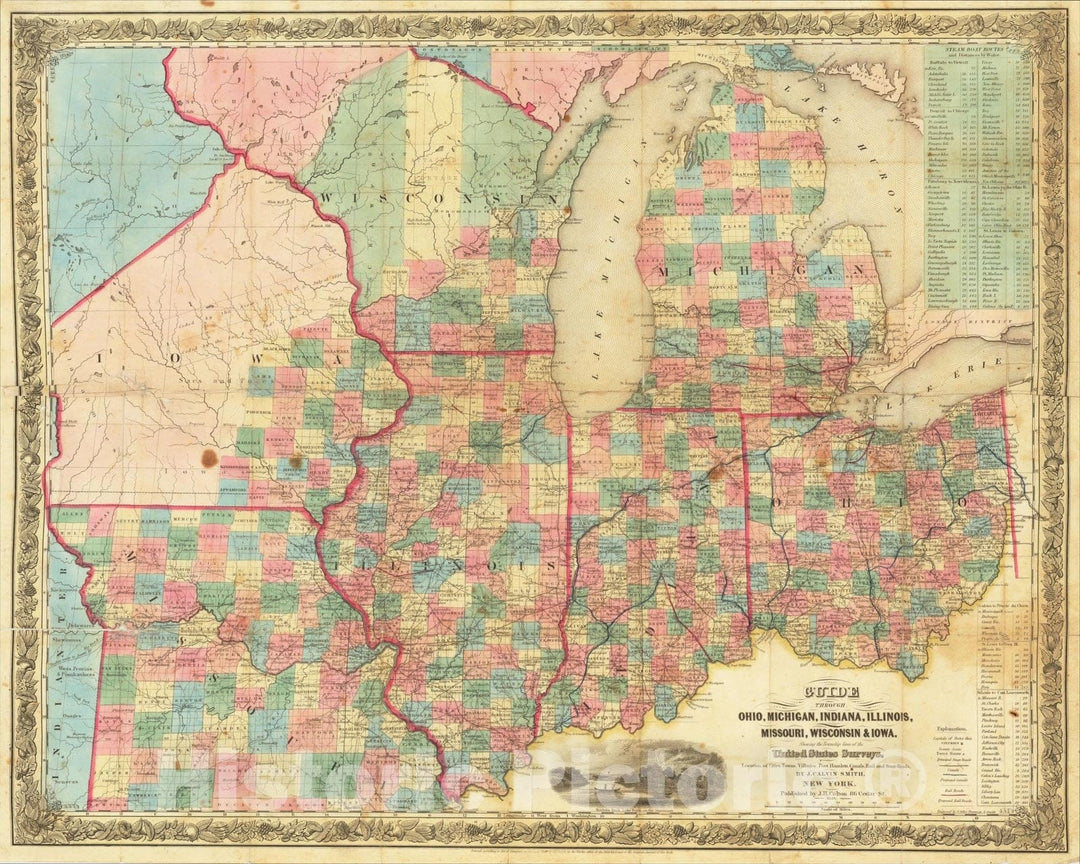 Historic Map : Guide Through Ohio, Michigan Indiana, Illinois, Missouri, Wisconsin & Iowa, 1846, Joseph Hutchins Colton, Vintage Wall Art