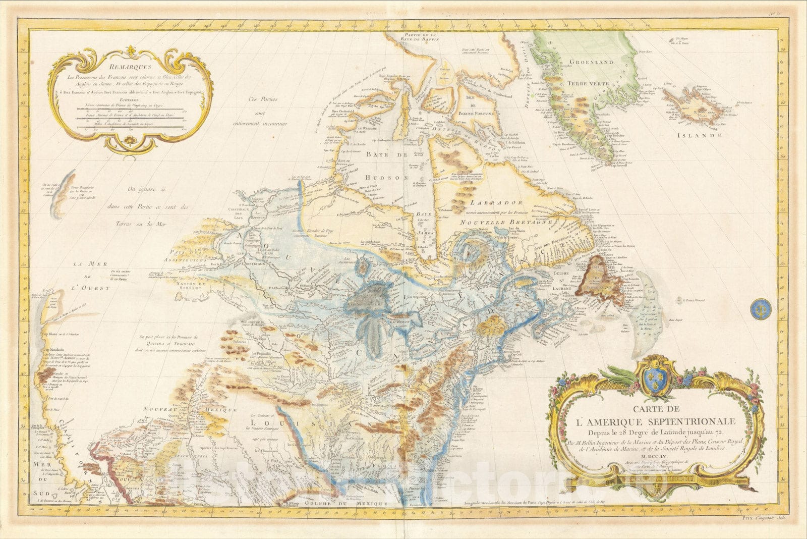 Historic Map : Carte de L'Amerique Septentrionale Depuis to 28 Degre de Latitude Jusqu'au 72, MDCCLV, 1755, Jacques Nicolas Bellin, Vintage Wall Art