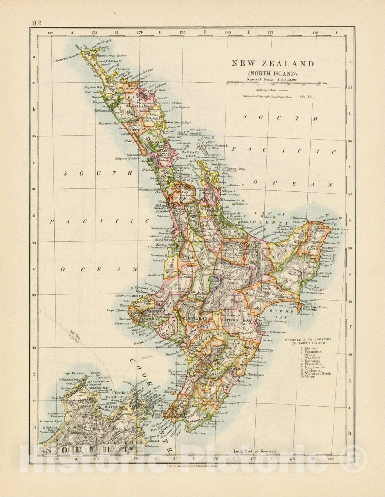 Historic Map : New Zealand (North Island), c1800, W. & A.K. Johnston, Vintage Wall Art