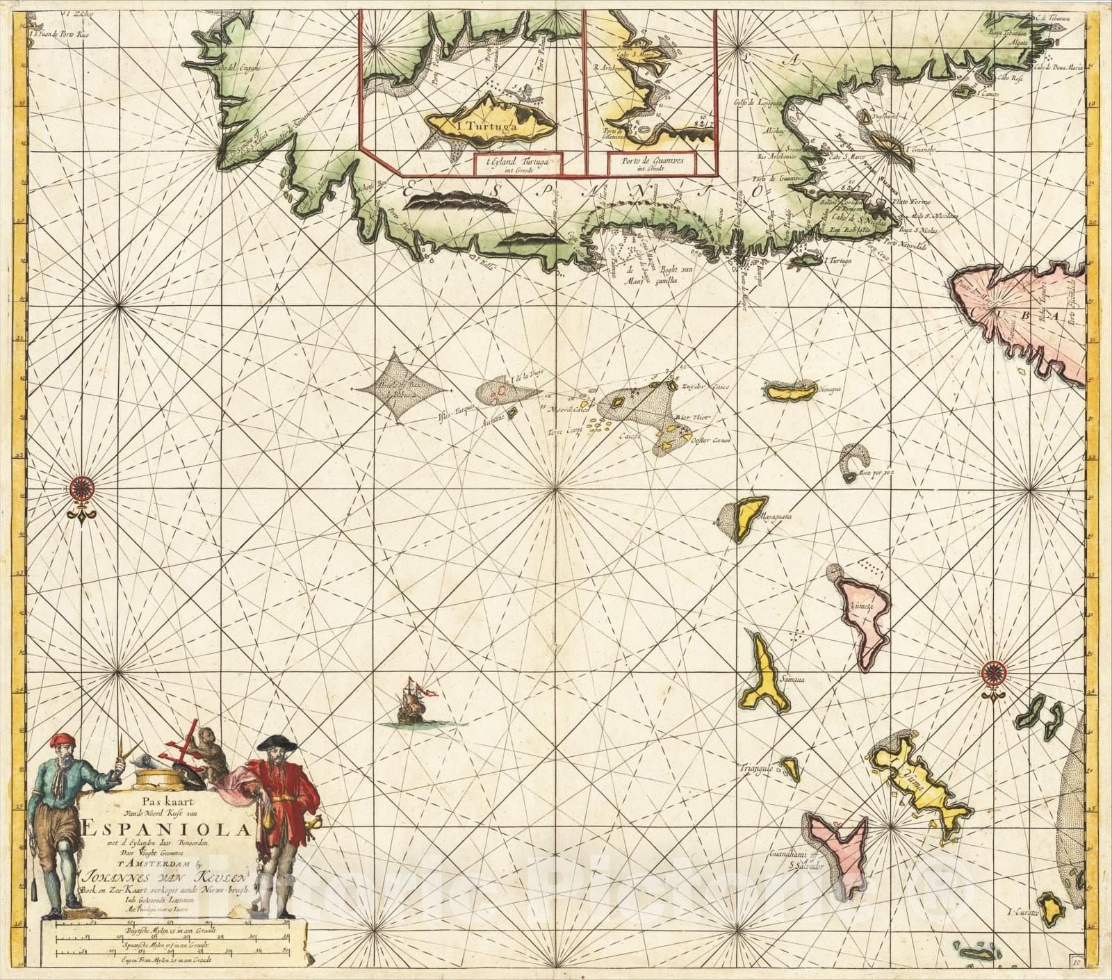 Historic Map : [Santa Domingo, Turks & Caicos, Bahamas] Pas kaart Van de Noord Kust van Espaniola met d Eylanden daar Benoorden, 1684, Johannes Van Keulen, Vintage Wall Art