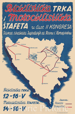 Historic Map : Bosnia & Herzegovina Bicycle and Motorcycle Race, c1947, Anonymous, Vintage Wall Art