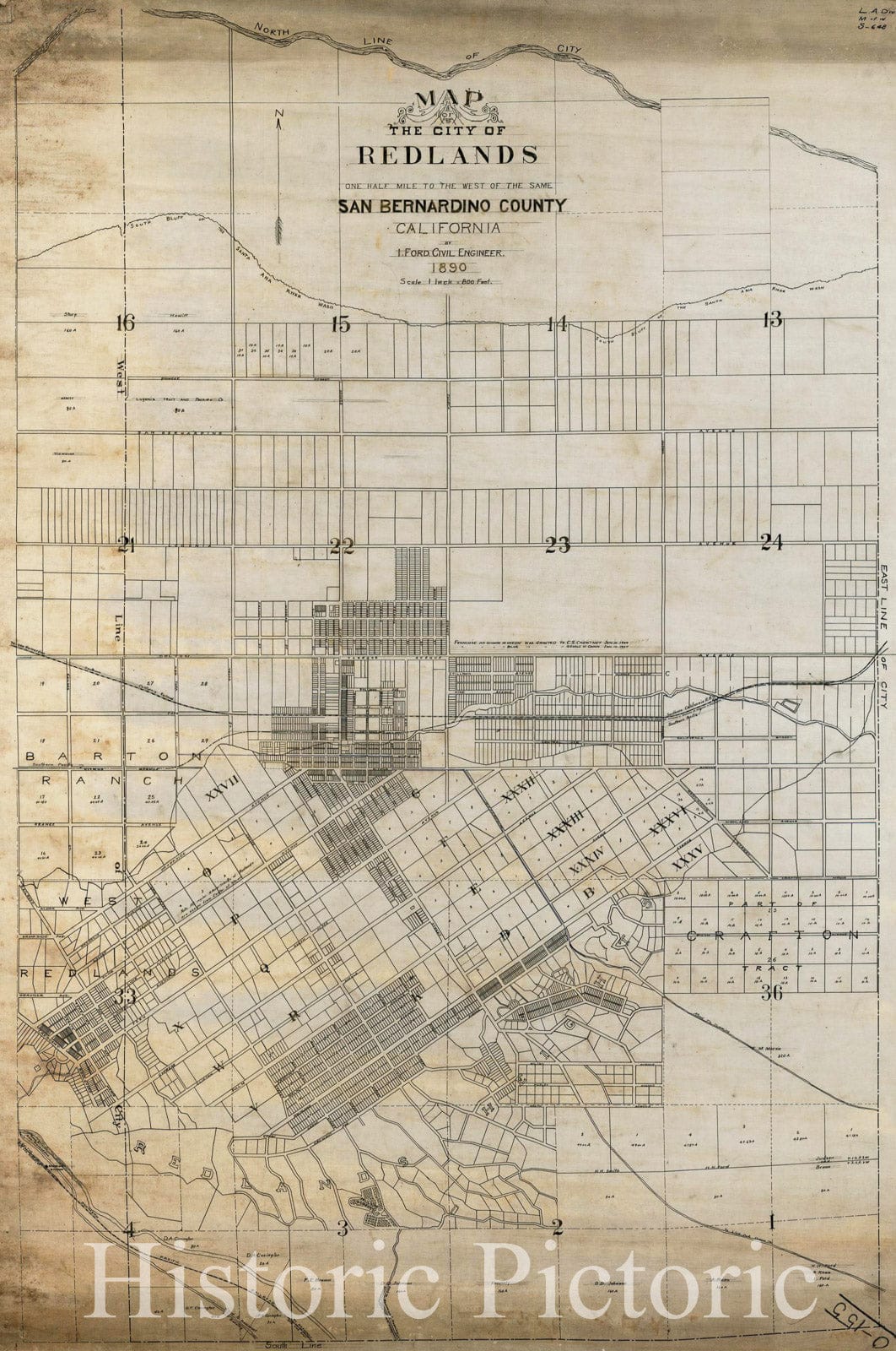Historic Map : Map of The City of Redlands and One Half Mile To The West of The Same San Bernardino California, 189, c1907, Southern Pacific Railroad Company, Vintage Wall Art