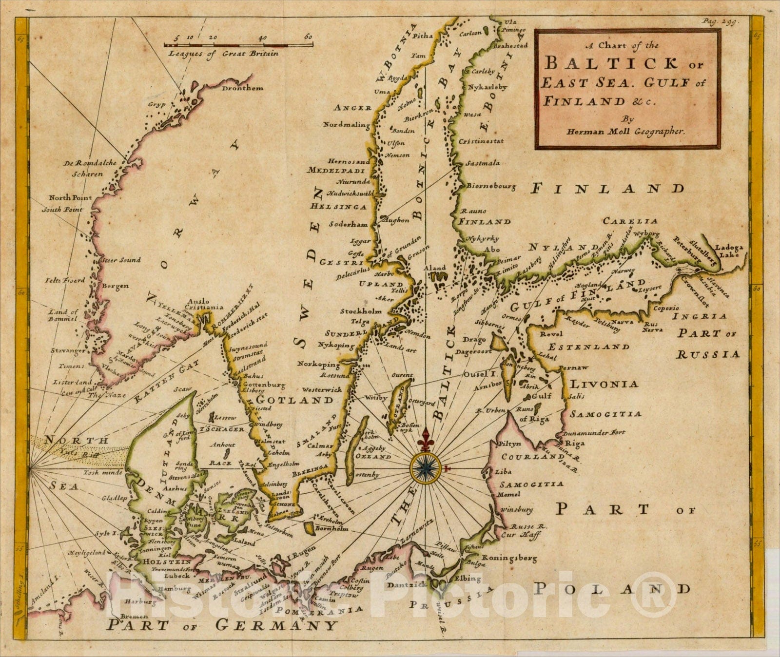 Historic Map : A Chart of the Baltick or East Sea. Gulf of Finland &c., 1745, Herman Moll, Vintage Wall Art