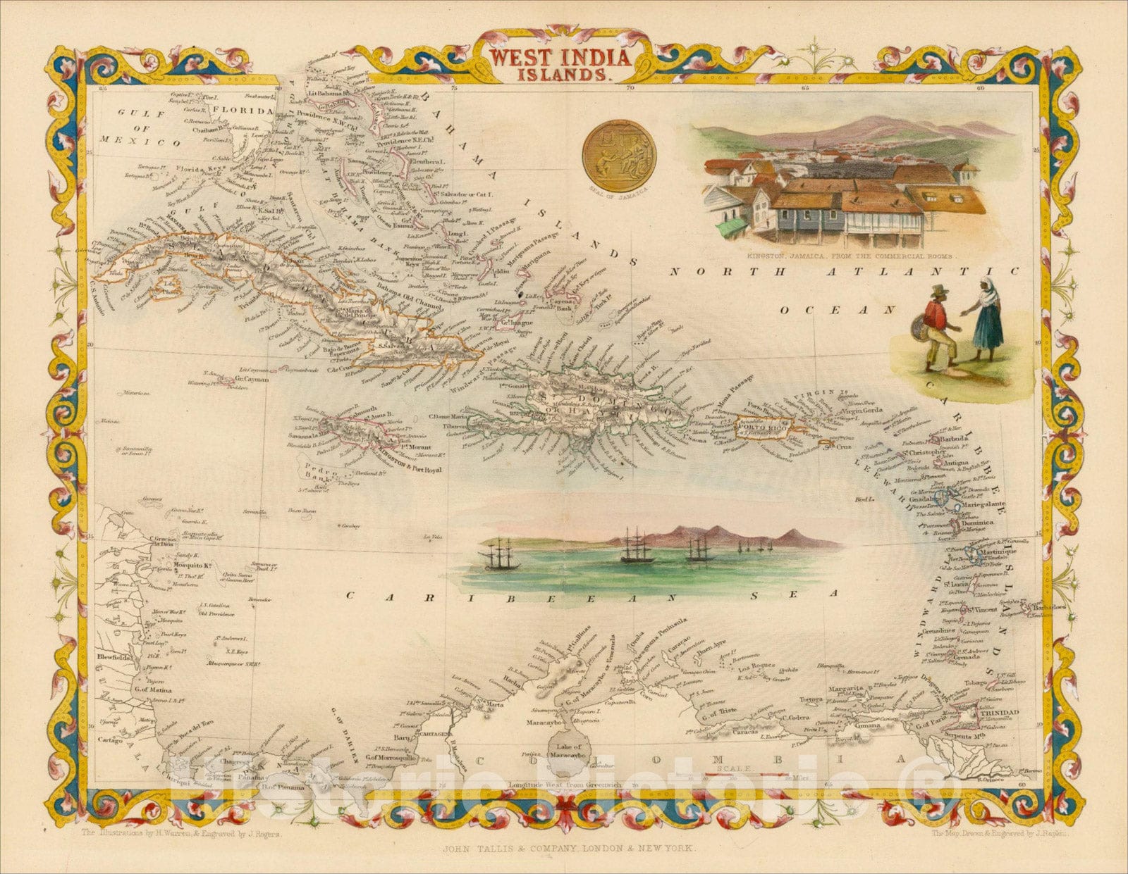 Historic Map : West India Islands, 1851, John Tallis, v1, Vintage Wall Art