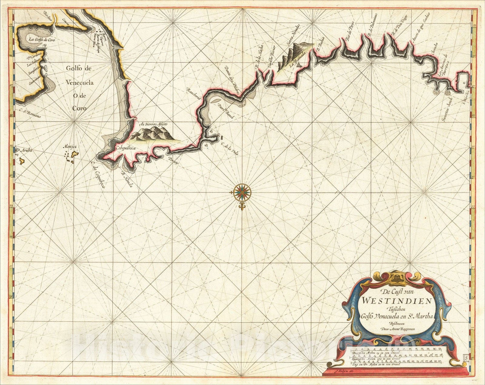 Historic Map : (Aruba and Colombia-Venezuela Coastline) De Cust van Westindien Golfo de Veneceula en St. Martha, c1675, Arent Roggeveen, Vintage Wall Art