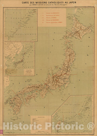 Historic Map : Carte Des Missions Cathliques au Japan, 1898 (China and Formosa related insets), 1898, , Vintage Wall Art
