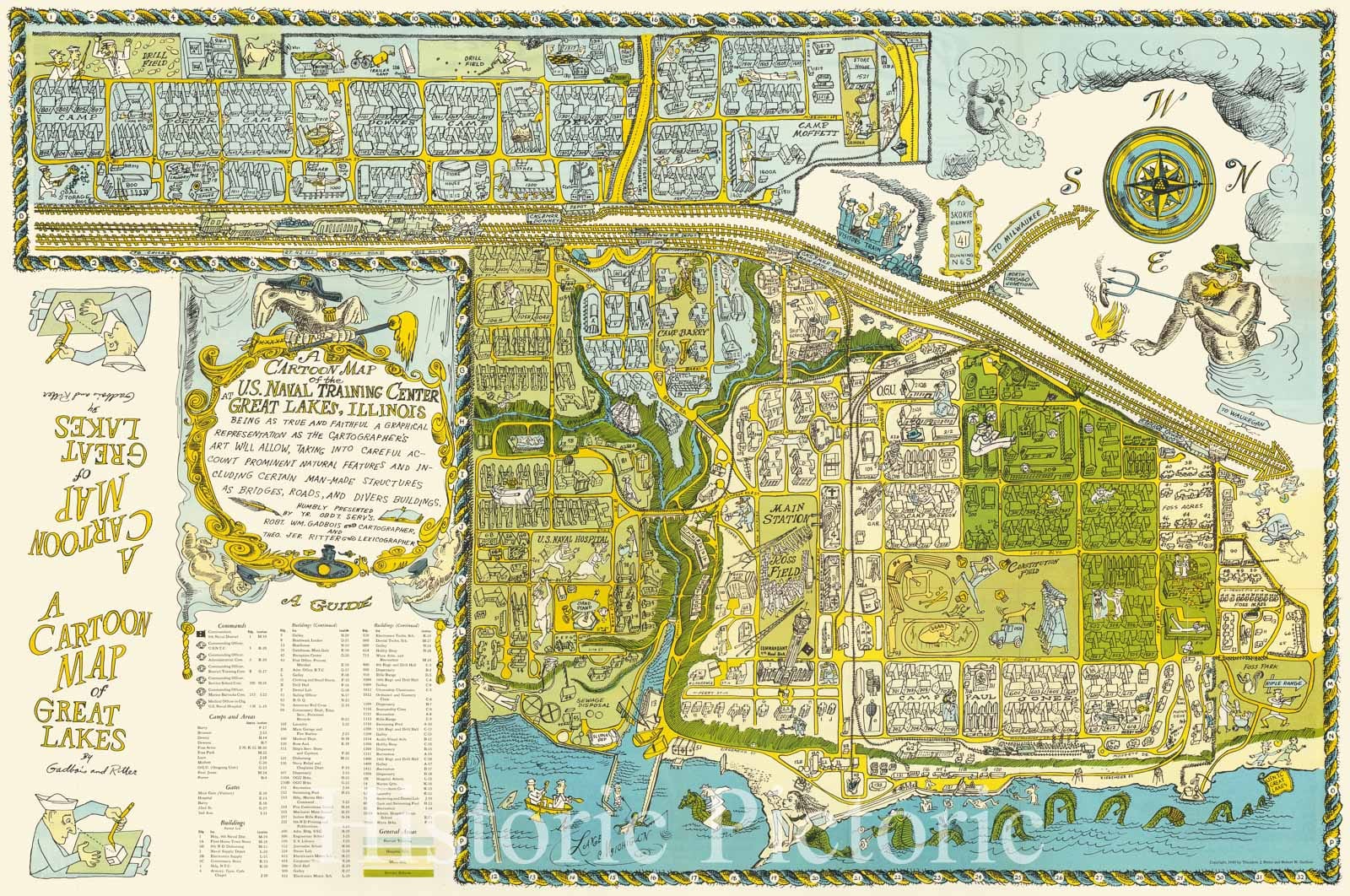 Historic Map : A Cartoon Map of the US. Naval Training Center at Great Lakes, Illinois, 1949, Robert William Gadbois, Vintage Wall Art