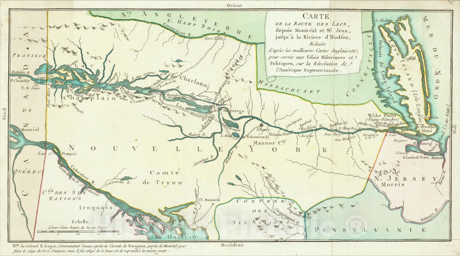 Historic Map : Carte de la Route des Lacs, depuis Montreal et St. Jean, jusqu'a a la Riviere d'Hudson, 1782, Michel Rene Hilliard d'Auberteuil, Vintage Wall Art