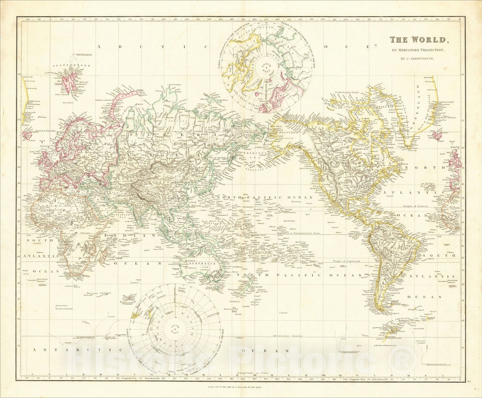 Historic Map : The World, On Mercator's Projection, 1840, John Arrowsmith, Vintage Wall Art