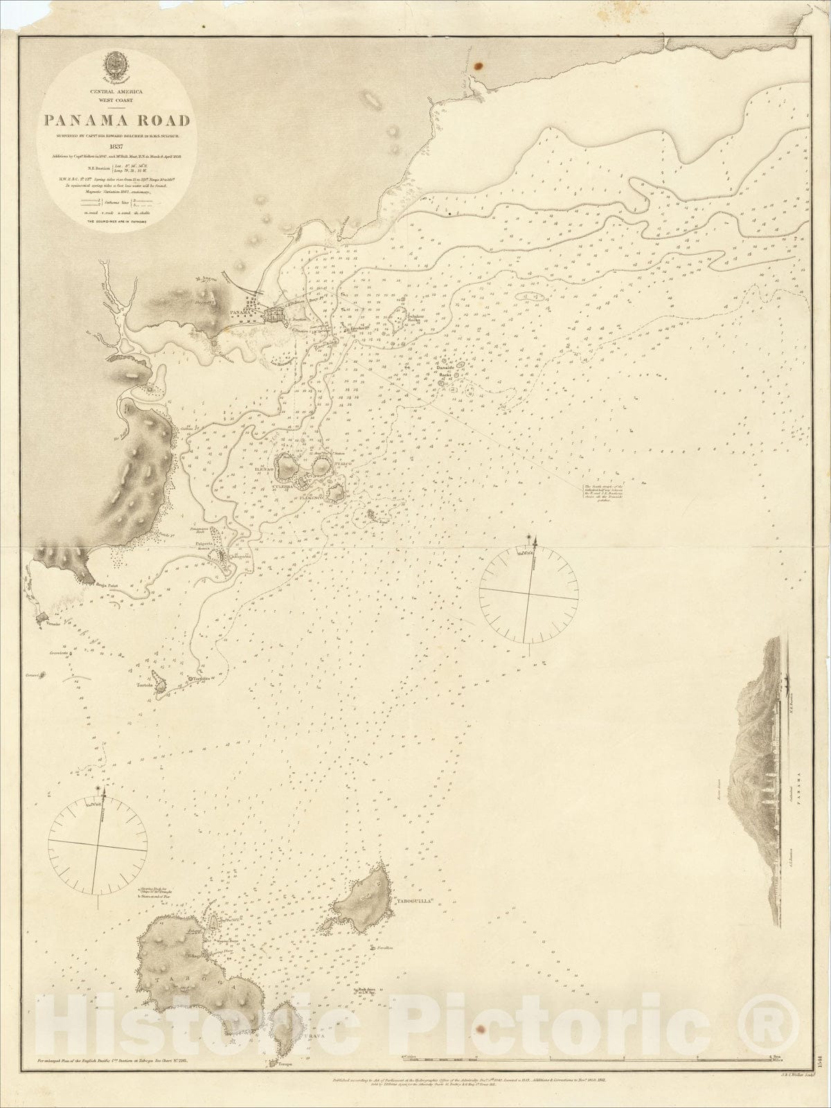 Historic Map : Panama Road Surveyed by Captn. Sir Edward Belcher in H.M.S. Sulphur, 1858, British Admiralty, Vintage Wall Art