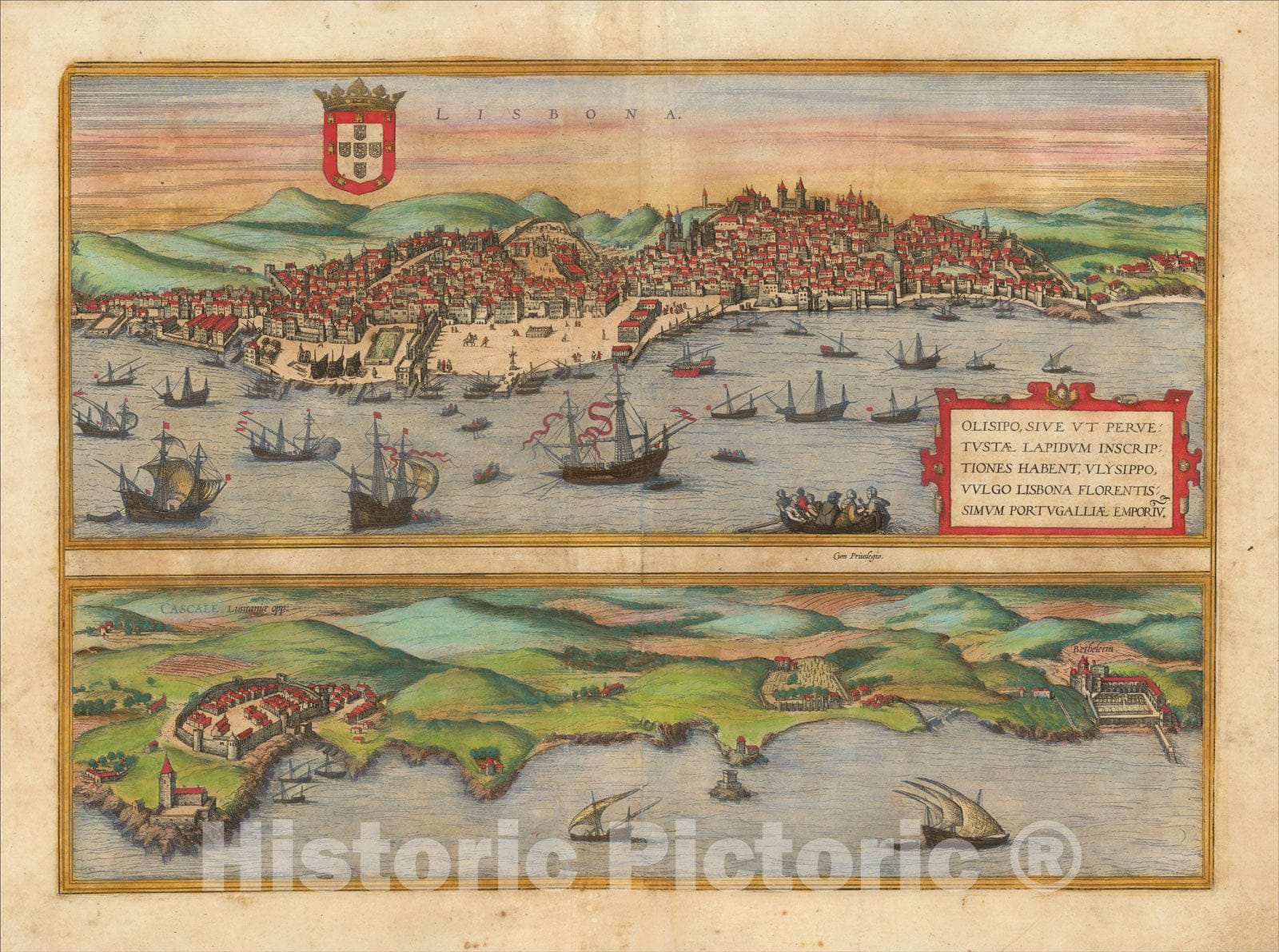 Historic Map : Lisbona. Olisipo, vulgo Lisbona Florentissimum Portugalliae Emporiu. with Cascale Lusitaniae Opp, c1572, , Vintage Wall Art