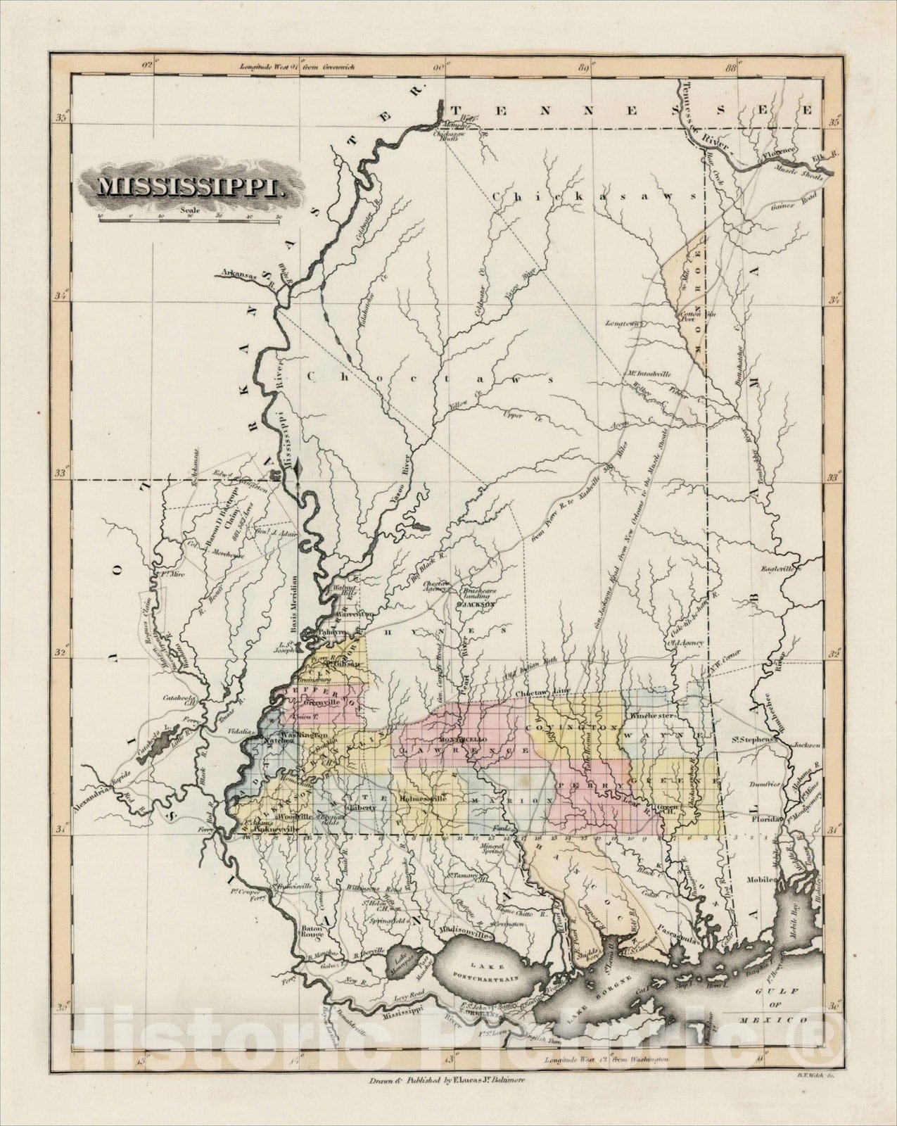 Historic Map : Mississippi, 1822, Fielding Lucas Jr., v1, Vintage Wall Art