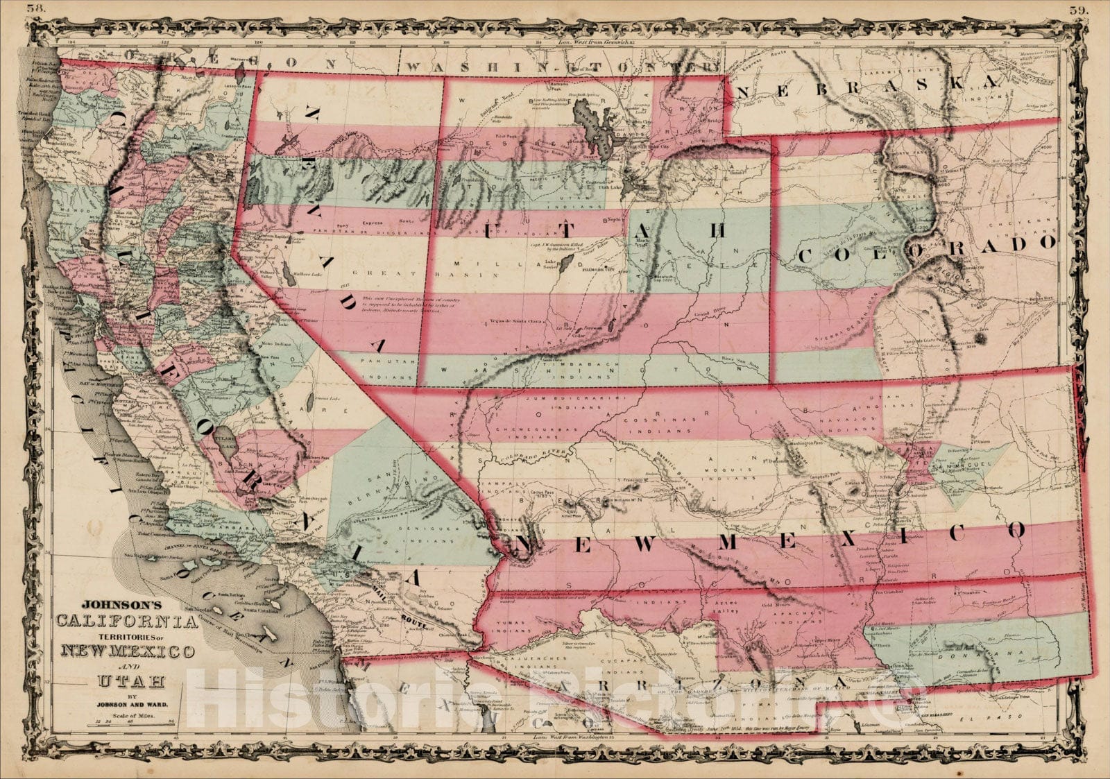 Historic Map : Johnson's California, Territories of New Mexico and Utah, 1862, , Vintage Wall Art