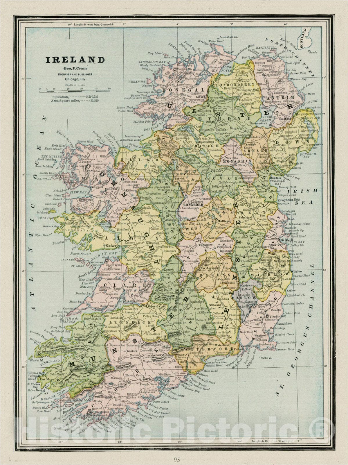 Historic Map : Ireland, 1892, George F. Cram, Vintage Wall Art