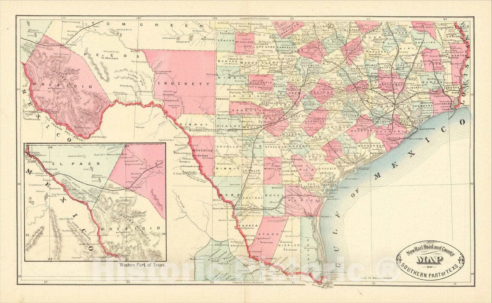 Historic Map : New Railroad and County Map of Southern Part of Texas, 1882, HS Stebbins, Vintage Wall Art