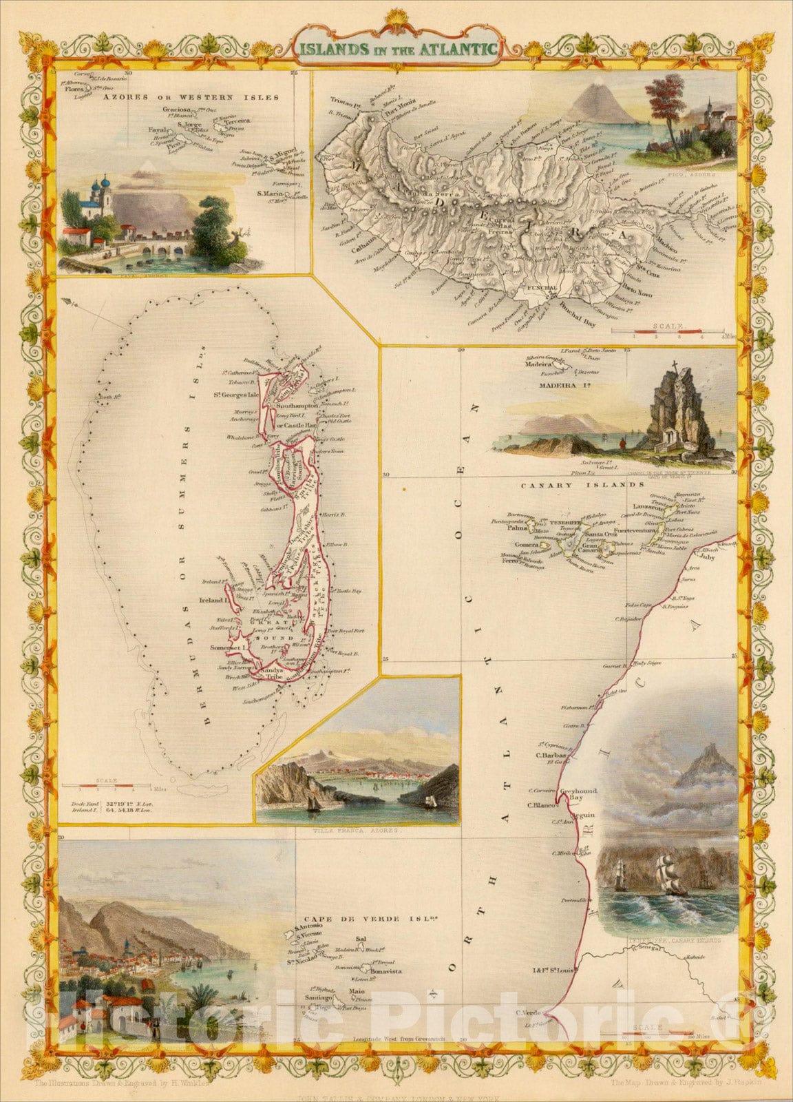 Historic Map : Islands in the Atlantic [Bermuda, Madeira, Canaries, Azores and Cape Verde Islands], 1851, John Tallis, v1, Vintage Wall Art