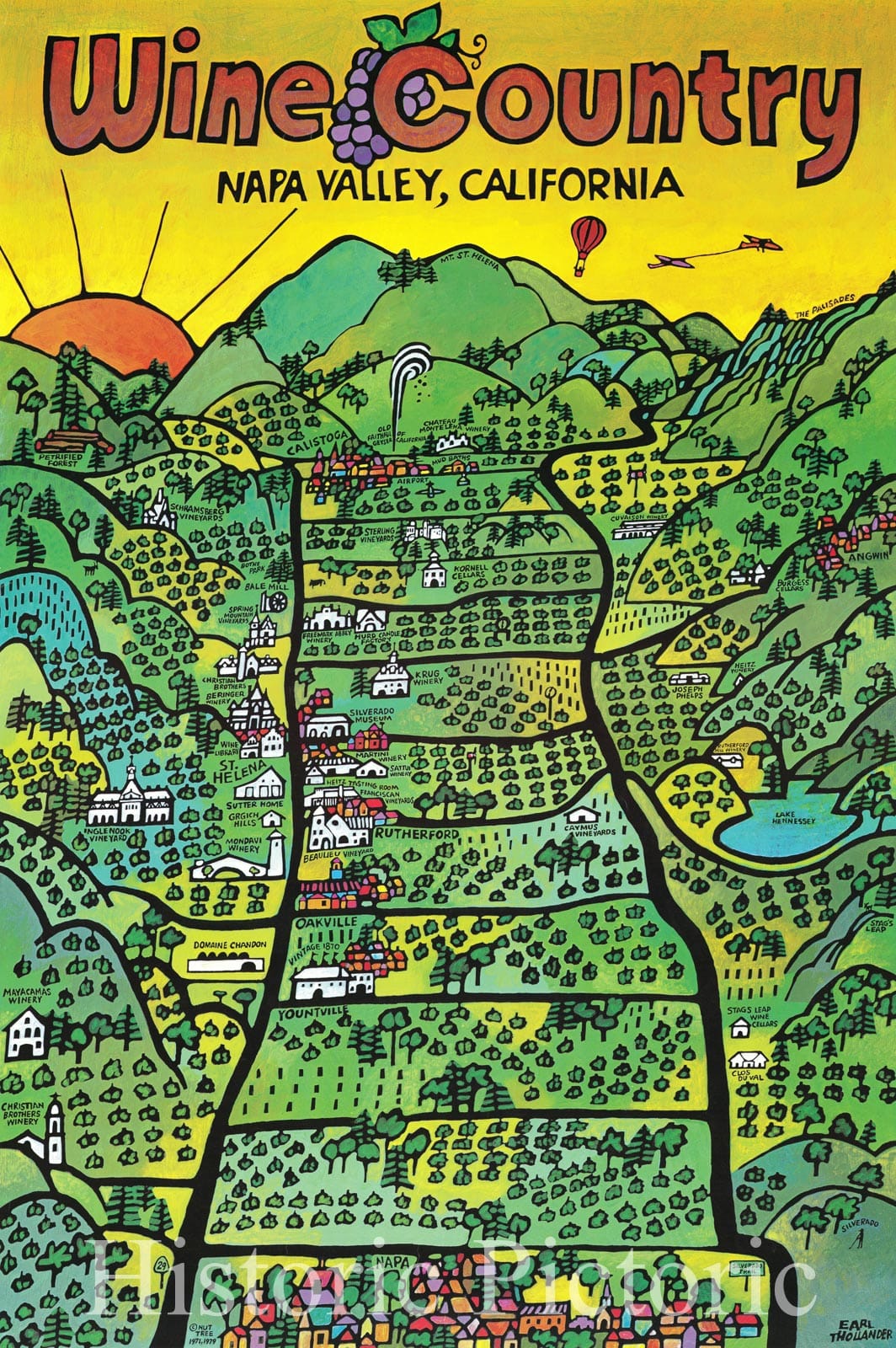 Historic Map : Wine Country Napa Valley, California, 1971, Earl Thollander, Vintage Wall Art