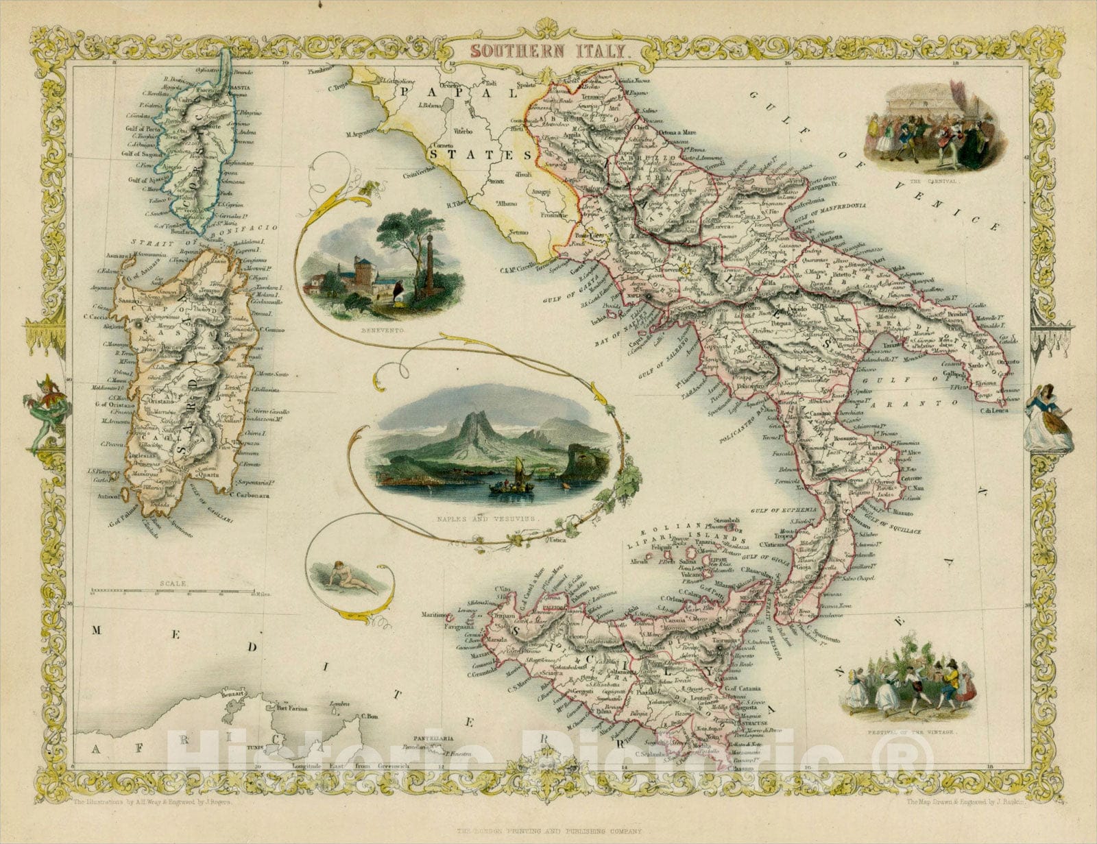 Historic Map : Southern Italy [Sicily, Sardinia, Corsica], 1851, John Tallis, v1, Vintage Wall Art