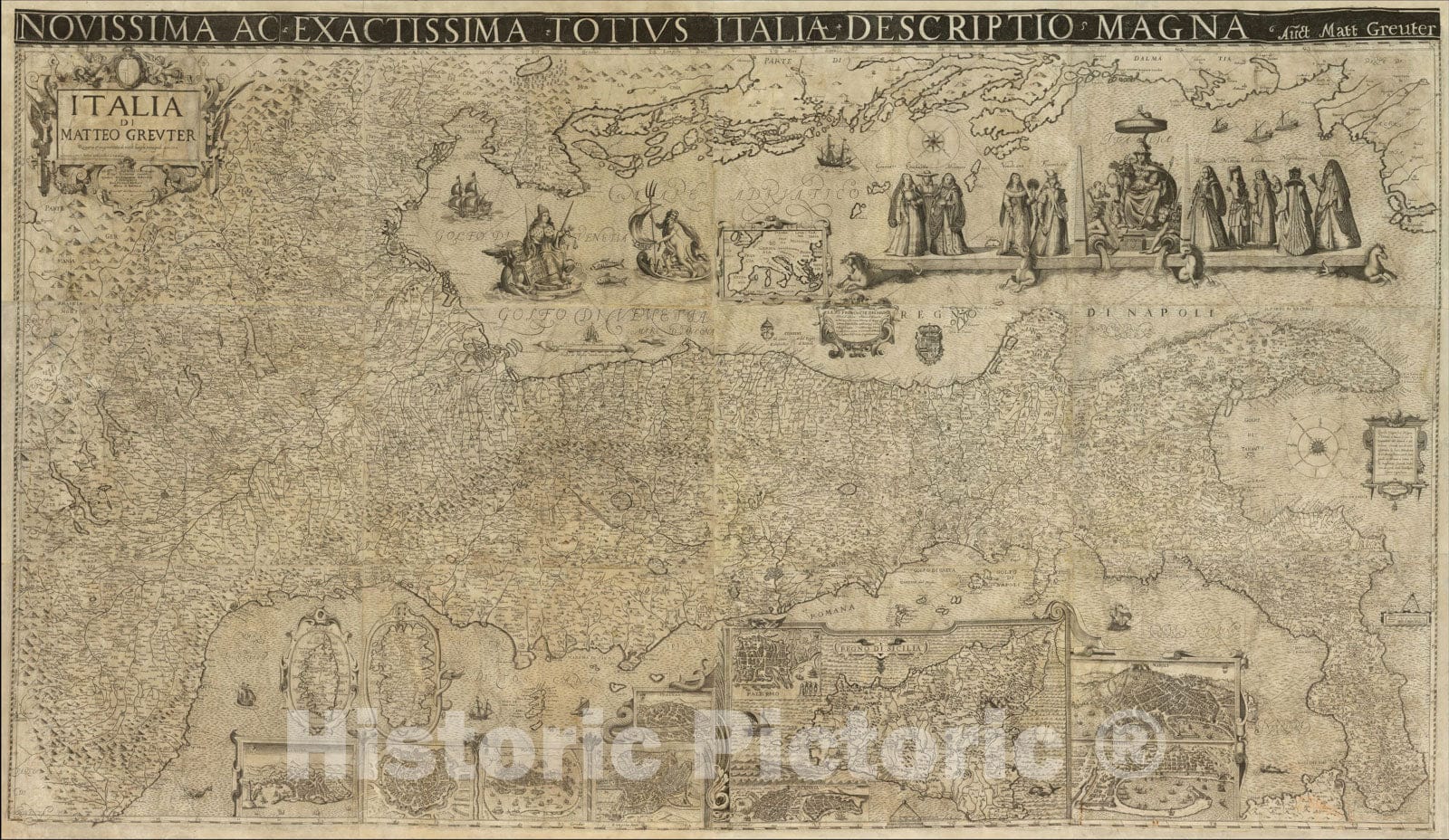 Historic Map : Novissima ac Exactissima Totius Italia Descriptio Magna , Italia di Matteo Greuter Revista, 1644, Vintage Wall Art