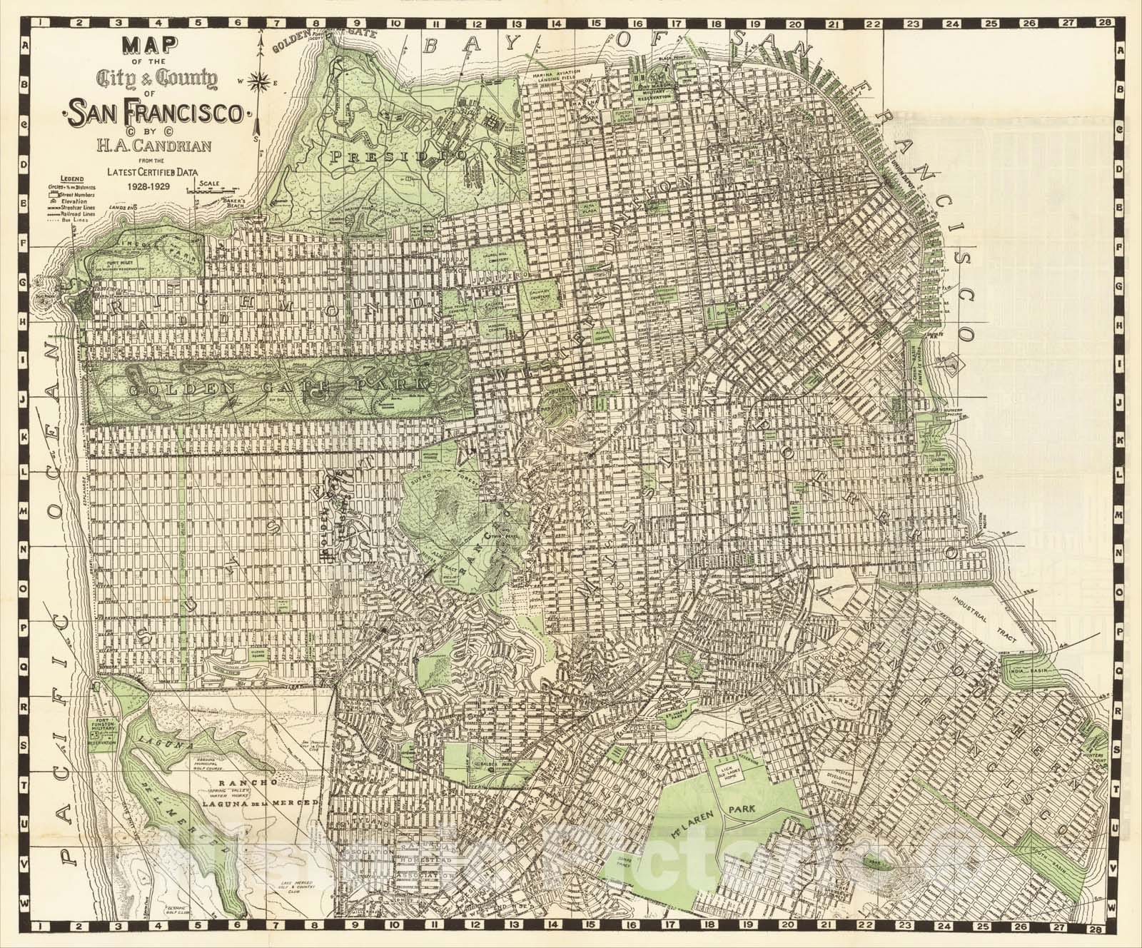 Historic Map : Map of the City and County of San Francisco By H.A. Candrian From the Lastest Certified Data 1928-29, c1929, H.A. Candrian, Vintage Wall Art