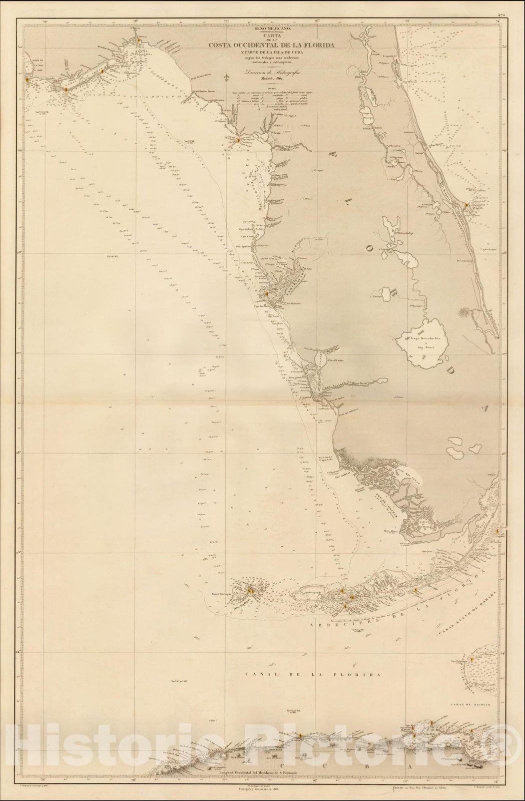 Historic Map : Carta De La Costa Occidental De La Florida y Parte De La Isla De Cuba, 1862, Direccion Hidrografica de Madrid, Vintage Wall Art