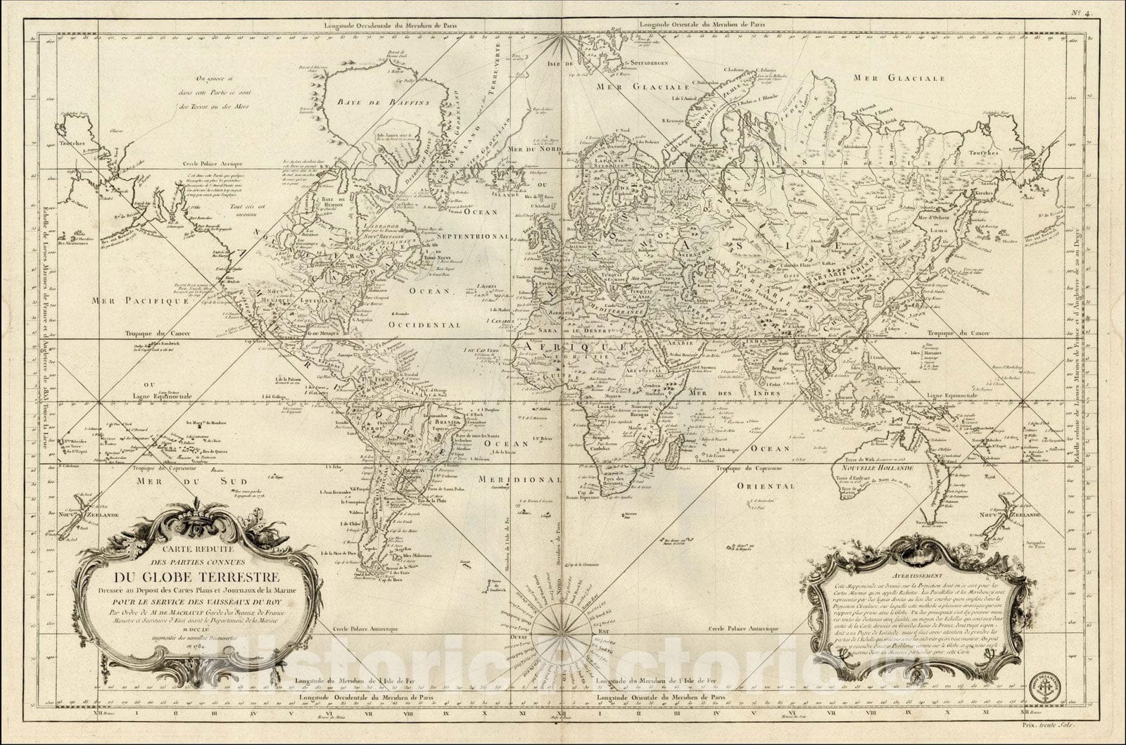 Historic Map : Carte Reduite Des Parties Connues Du Globe Terrestre, 1784, Antoine Sartine, Vintage Wall Art