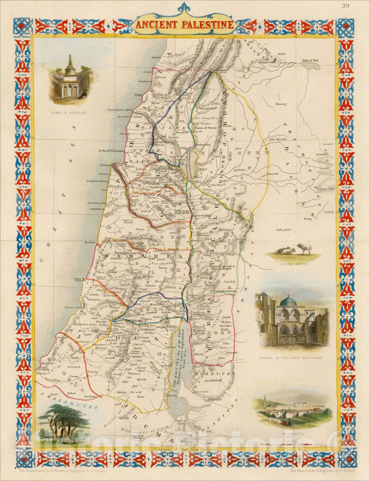 Historic Map : Ancient Palestine, 1851, John Tallis, v1, Vintage Wall Art