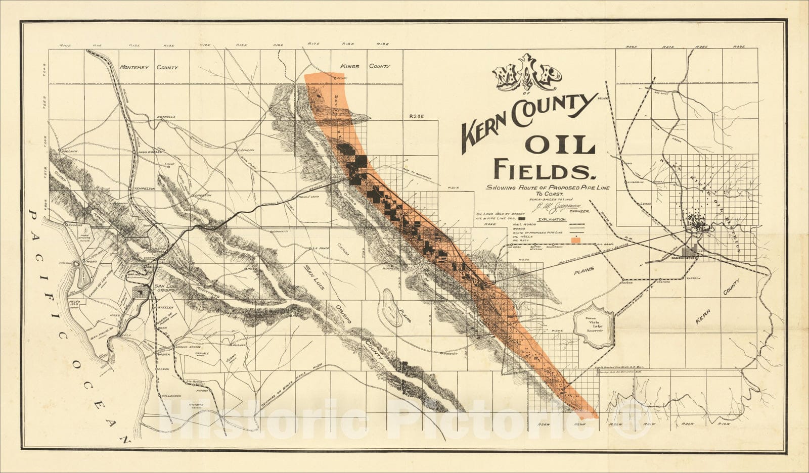 Historic Map : Map of Kern County Oil Fields. Showing Route of Proposed Pipe Line To Coast, c1904, C. M. Jurgenson, Vintage Wall Art