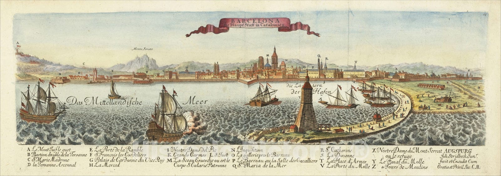 Historic Map : Barcelona die Haupt Statt in Catalonien, 1720, Johann Stridbeck, Vintage Wall Art