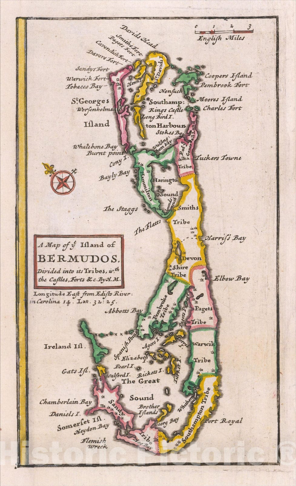 Historic Map : A Map of ye Island of Bermudos, Divided into its Tribes with the Castles, Forts andc By H. M., 1729, Herman Moll, Vintage Wall Art