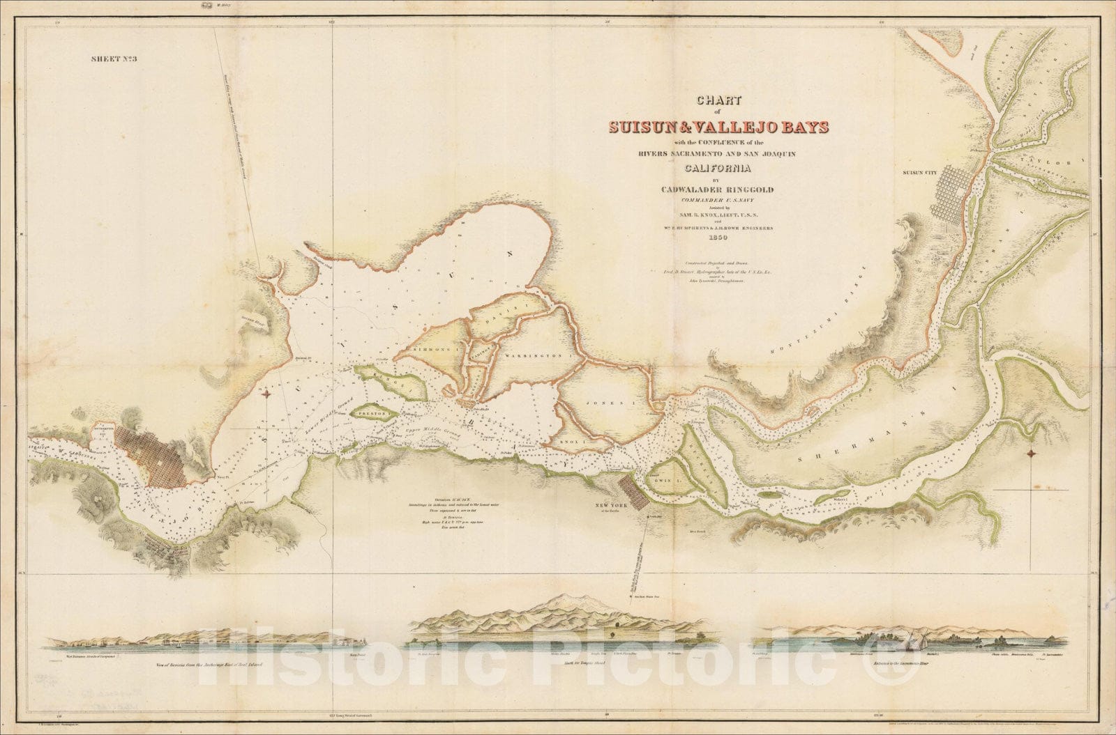 Historic Map : Chart of Suisun & Vallejo Bays with the Confluence of the Rivers Sacramento and San Joaquin California, 1850, Cadwalader Ringgold, Vintage Wall Art