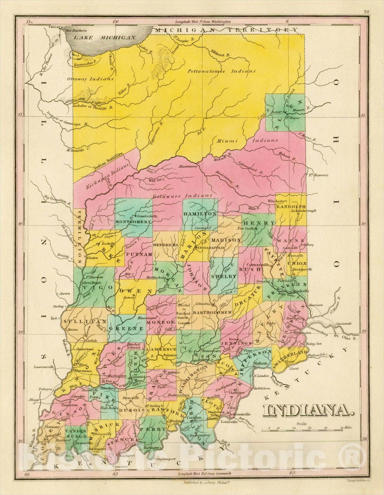 Historic Map : Indiana, 1826, Anthony Finley, v1, Vintage Wall Art