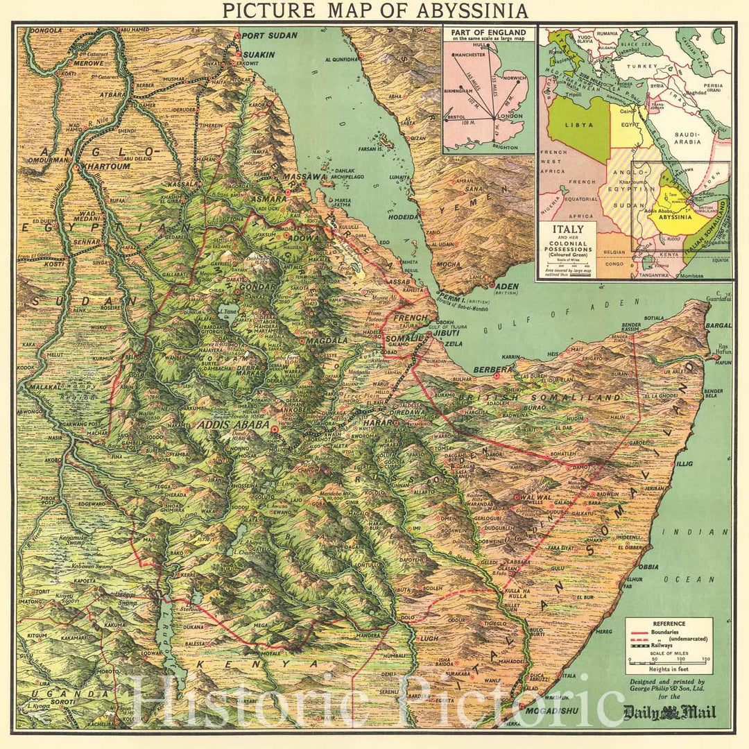 Historic Map : Picture Map of Abyssinia, 1935, George Philip, Vintage Wall Art