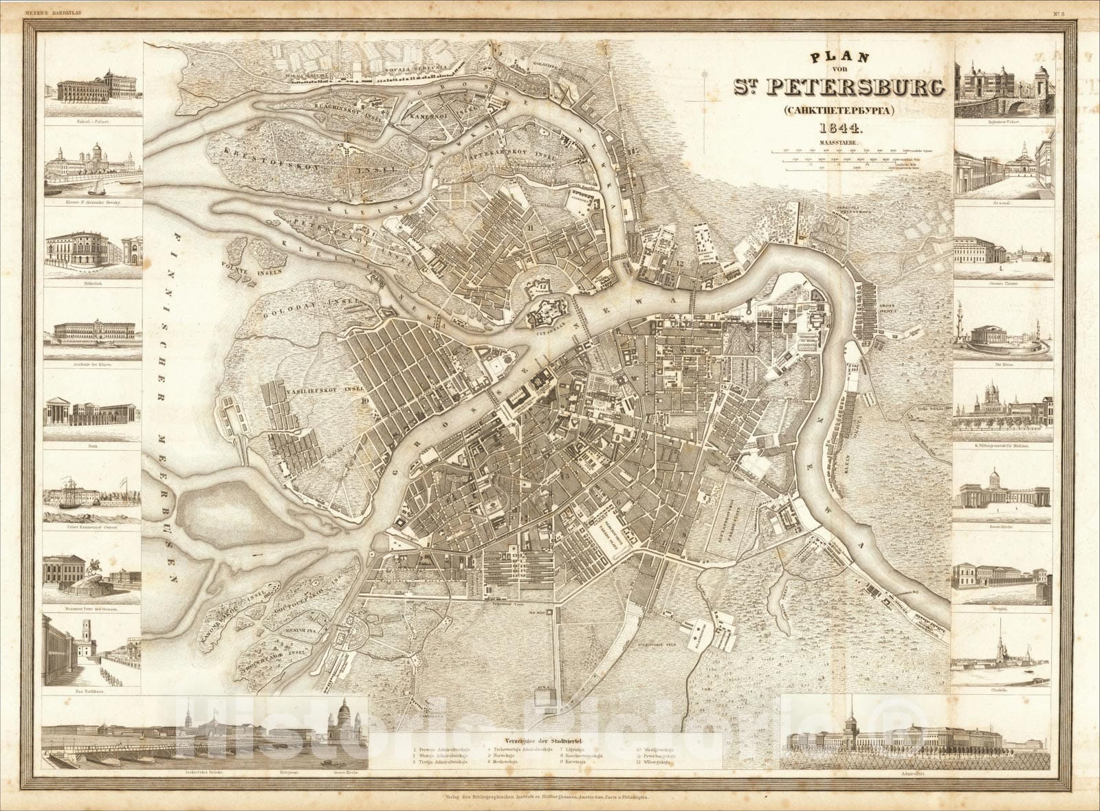 Historic Map : Plan von St. Petersburg, 1844, 1844, Joseph Meyer, Vintage Wall Art