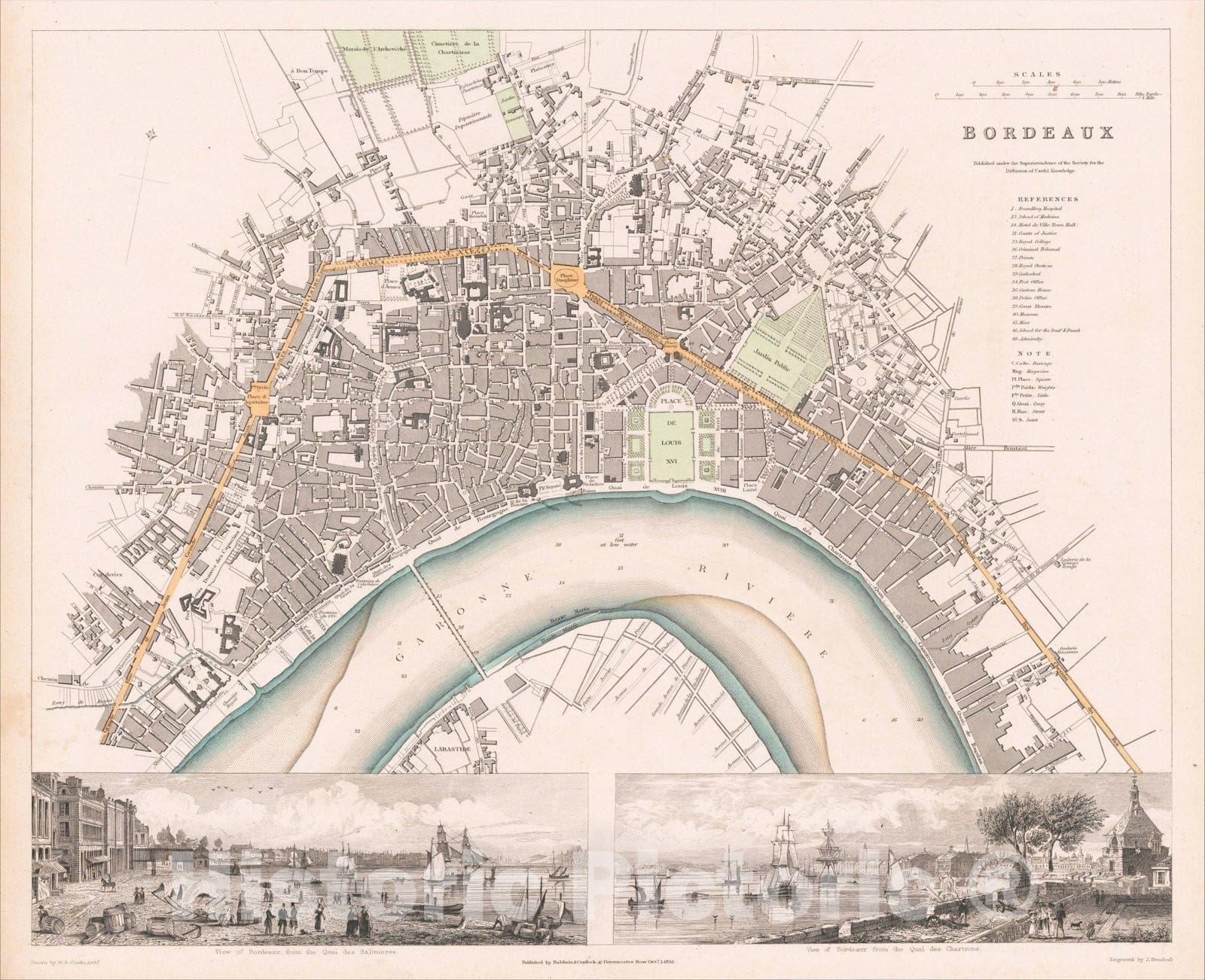 Historic Map : Bordeaux, 1832, Society for the Diffusion of Useful Knowledge, v1, Vintage Wall Art