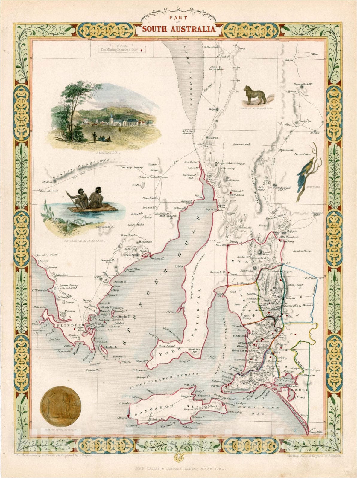 Historic Map : Part of South Australia, 1851, John Tallis, v2, Vintage Wall Art