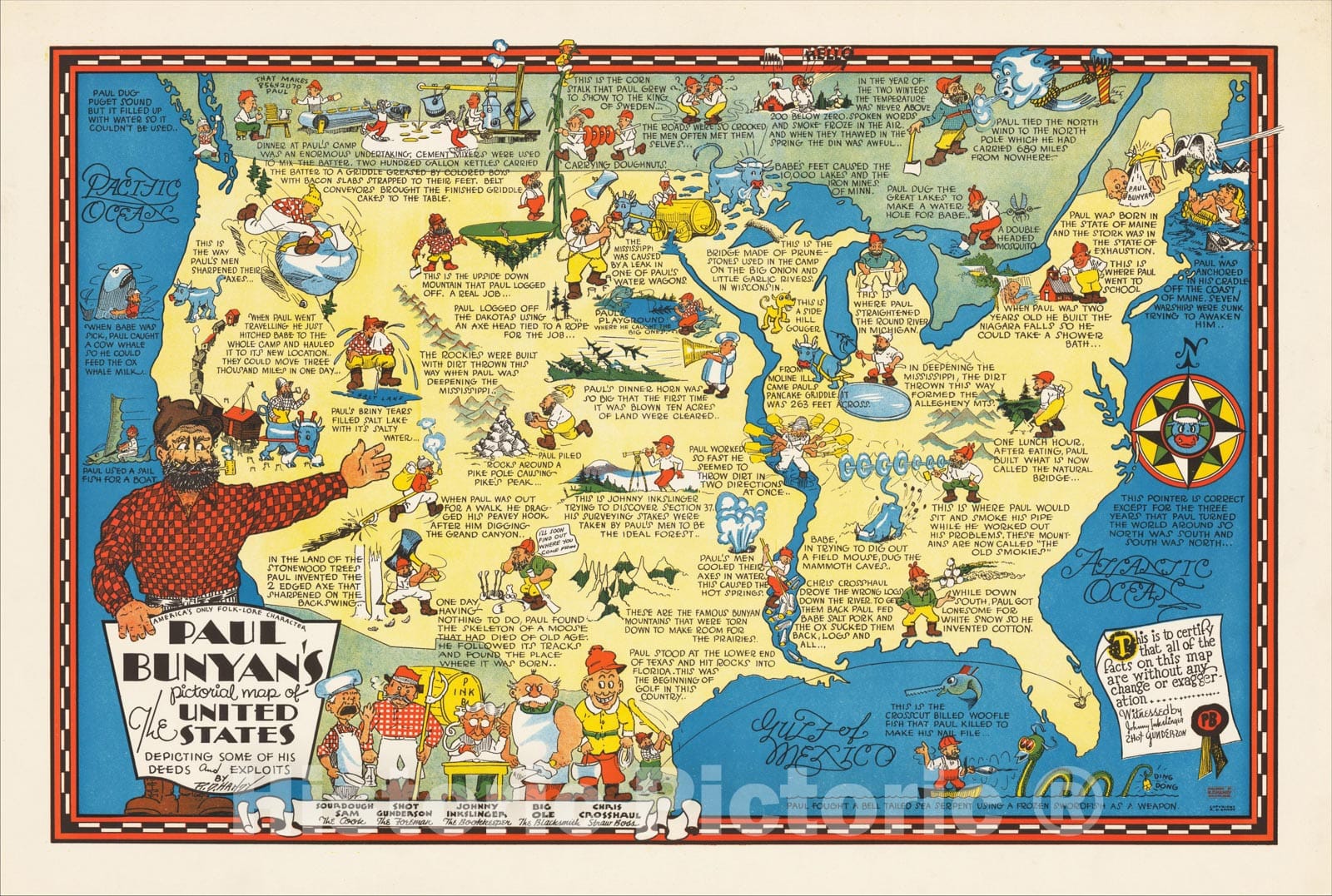 Historic Map : Paul Bunyan's pictorial map of the United States Depicting Some of his Deeds and Exploits By R. D. Handy, 1935, R. D. Handy, Vintage Wall Art