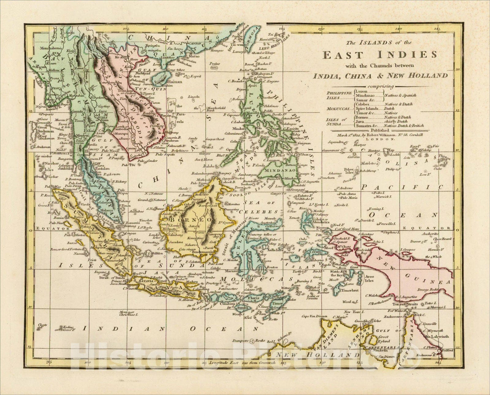 Historic Map : The Islands of the East Indies with the Channels between India, China & New Holland, 1814, Robert Wilkinson, v1, Vintage Wall Art