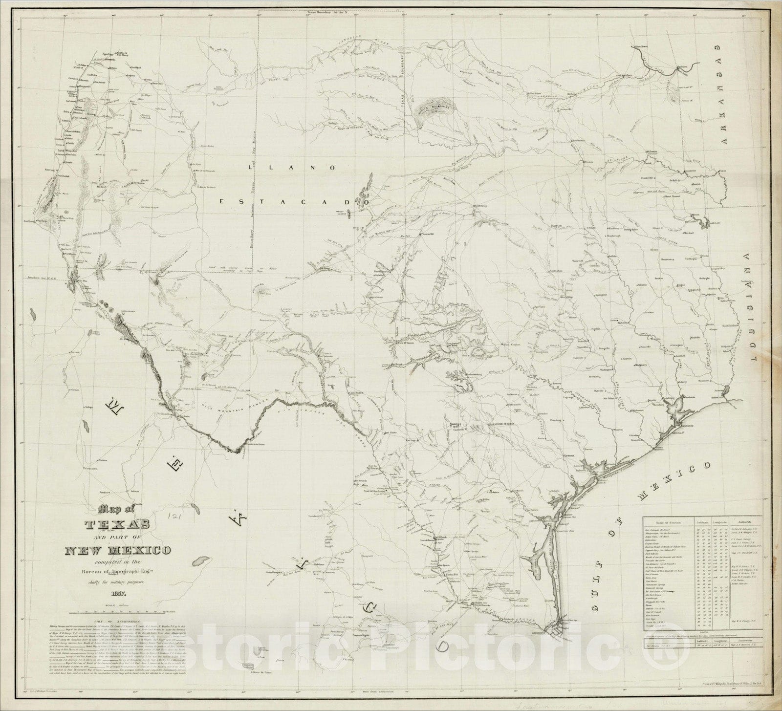 Historic Map : Map of Texas and Part of New Mexico compiled in the Bureau of Topographical Eng'rs. chiefly for military purposes., 1857, , Vintage Wall Art
