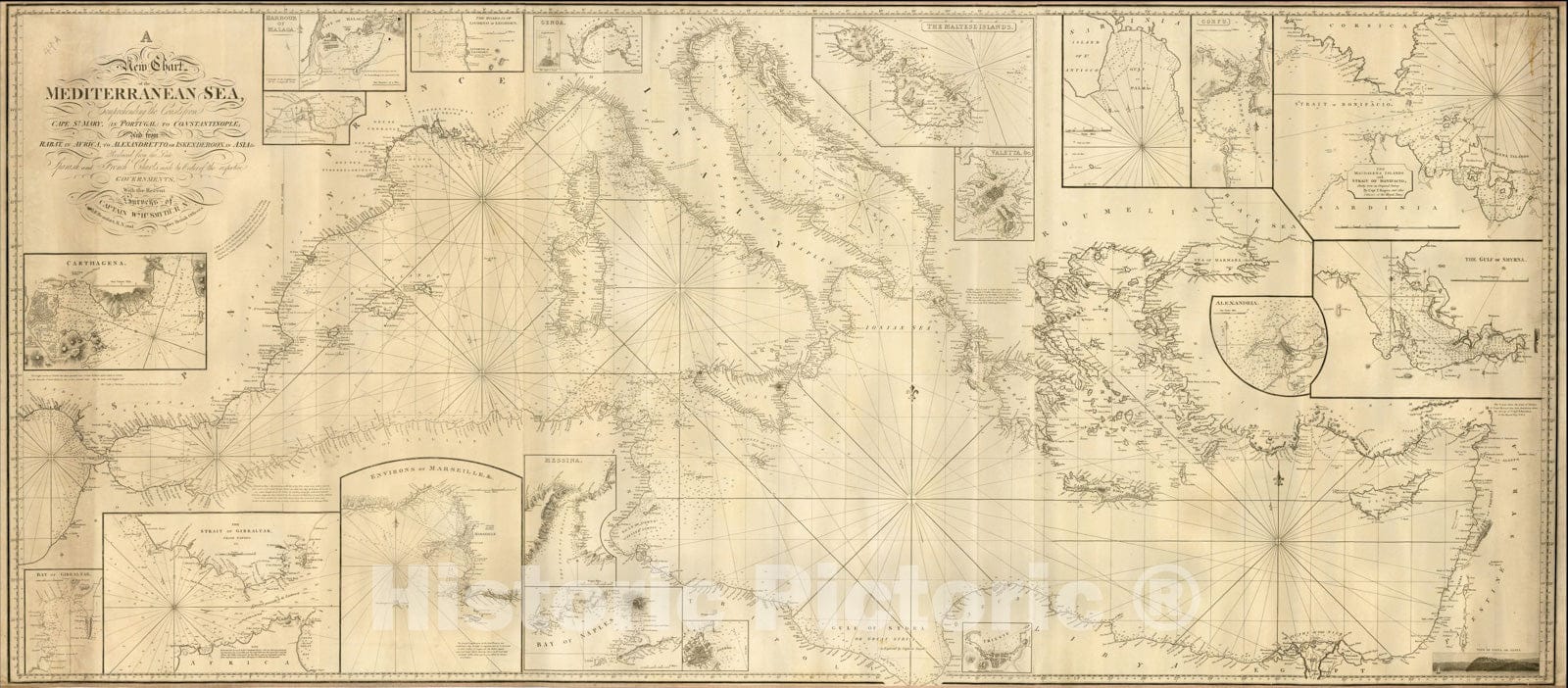 Historic Map : Chart of the Mediterranean Sea Comprehending the Coasts from Cape St. Mary, 1826, Richard Holmes Laurie, Vintage Wall Art