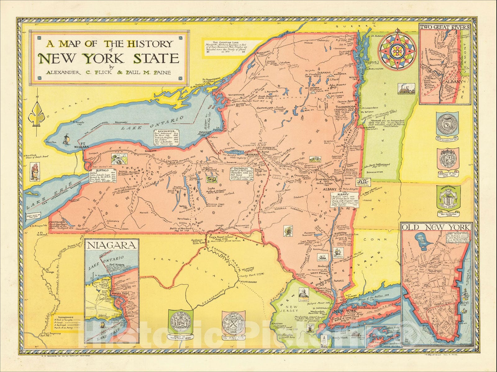 Historic Map : A Map of the History of New York State, 1928, Paul M. Paine, Vintage Wall Art