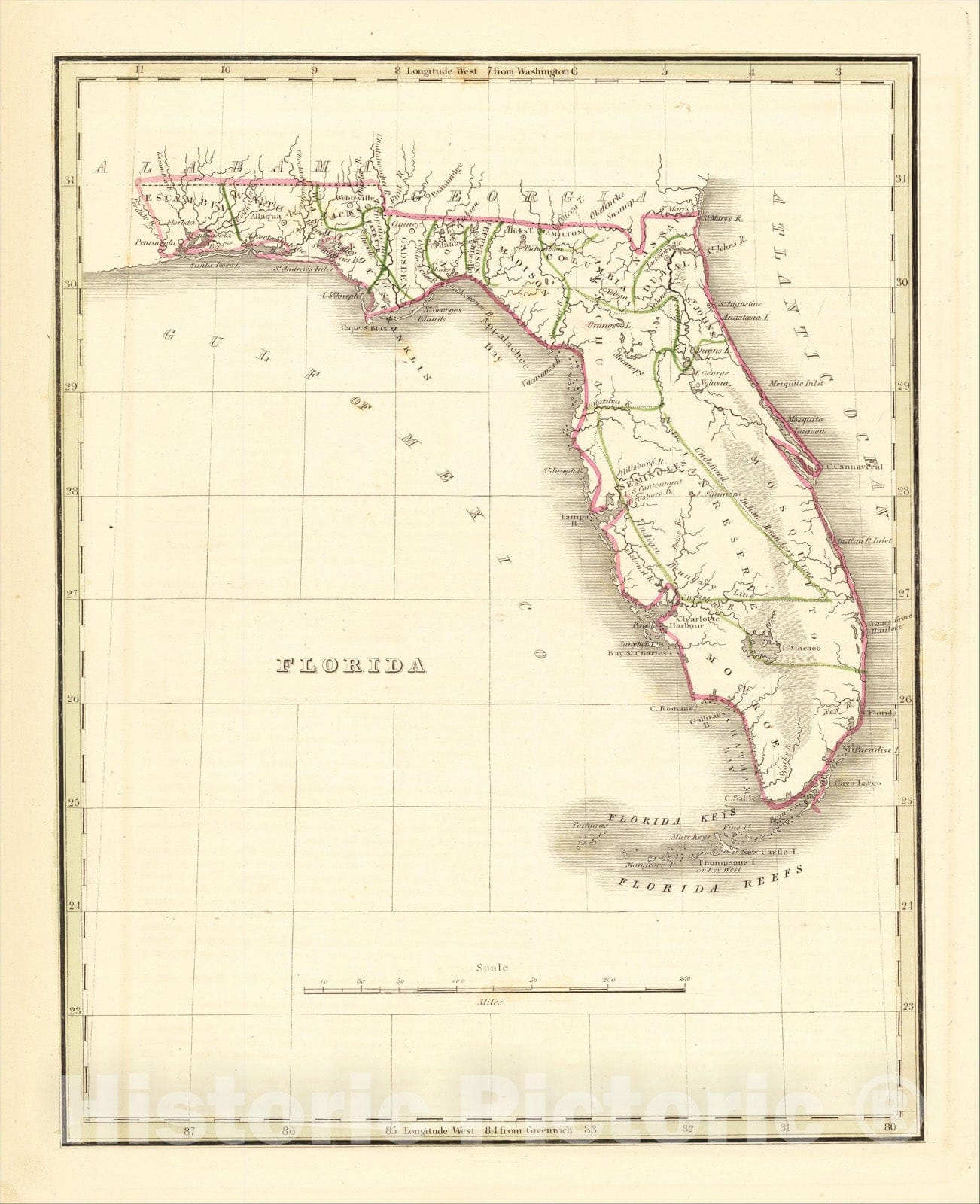Historic Map : Florida, 1835, Thomas Gamaliel Bradford, Vintage Wall Art