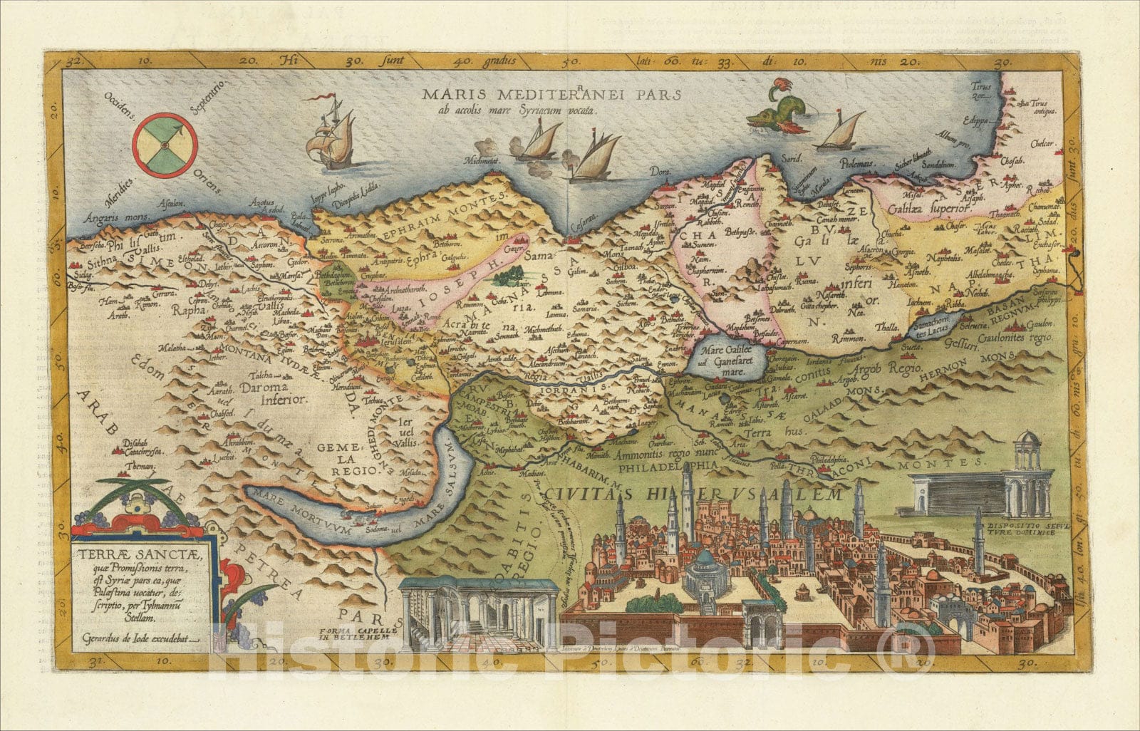 Historic Map : Terrae Sanctae quae Promissionis terra, est Syriae pars ea, quae Palaestina uocator, desecriptio, per Tylmannu Stellam, 1578, Gerard de Jode, Vintage Wall Art