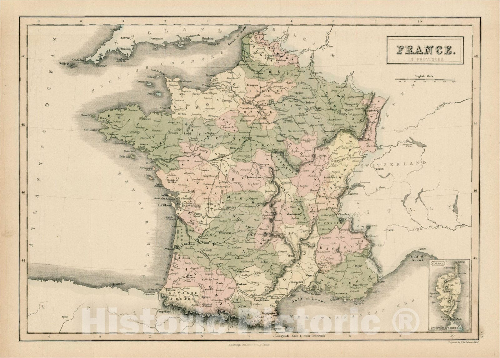 Historic Map : France in Provinces, 1854, Adam & Charles Black, Vintage Wall Art