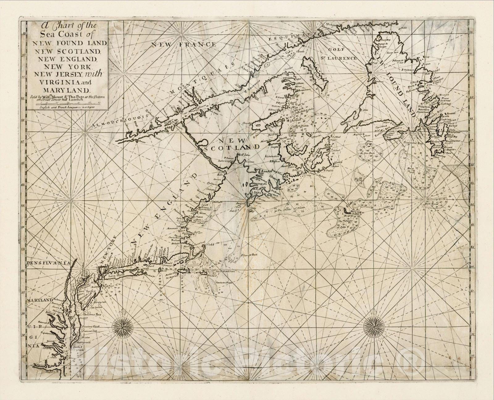 Historic Map : A Chart of the Sea Coast of New Foundland, New Scotland, New England, New York New Jersey with Virginia and Maryland, 1732, William Mount, Vintage Wall Art